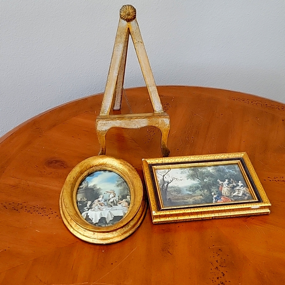 VTG ART & EASEL   STAND, TWO FRAMED PICTURES AND ONE EASEL